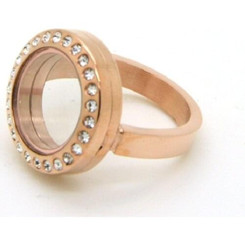 Rose Gold 20mm Magnetic Stainless Steel Floating Locket Ring With Rhinestones Glass Living Locket Ring 10pcs