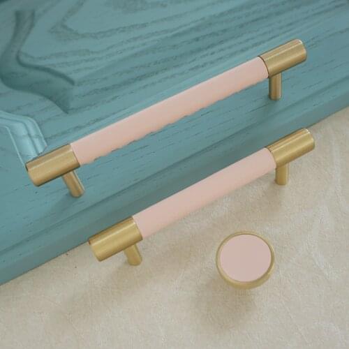 3.75" 5" Copper Cabinet Pulls Handle Pink Leather Drawer Handle Round Brass Wardrobe Knobs Stylish Furniture Handle 96 128mm