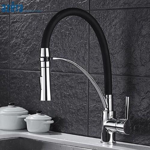 Good Quality Pull Down Kitchen Tap with Rubber Design Black Chrome Dual Sprayer Nozzle Kitchen Faucet Torneira Cozinha AT2388
