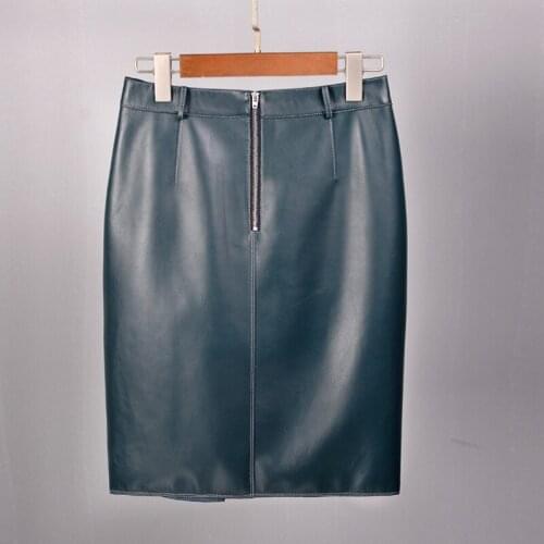 Womens Mid Length High Waist Split Buttock Sheep Skin One Step Black Fashion Skirt Spring Autumn New Formal Real Leather Skirt