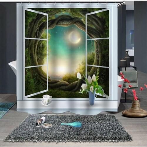 Custom Made Shower Curtain Bathroom Curtain Partition 1.5 x 1.8m 1.8 x 1.8m 1.8 x 2m Window Moon Tree Hole Green