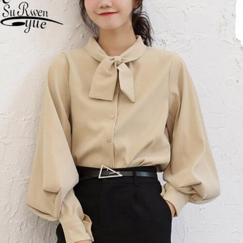 Spring Korean Style Women Clothes Casual Loose Long Sleeve Solid Color O-neck Woman Clothes Bow with Button Ladies Tops 8896 50