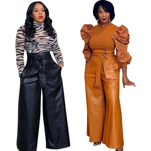 Autumn Winter Fashion Women High Waist Solid PU Pants High Quality Leather Ladys Sashes Pockets Loose Wide Leg Trousers