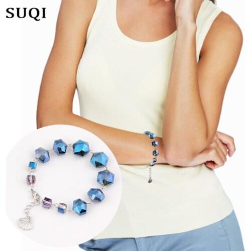 SUQI Summer Geometric Square Crystal glass Charm Bracelets For Women Fashion Adjustable Party beaded bracelets stone Jewelry