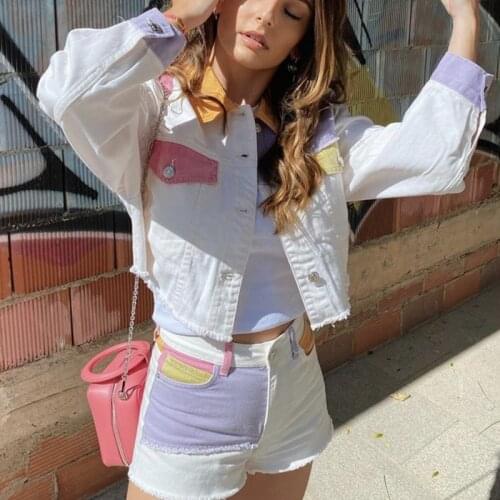 Girls Sweet Colorful Patchwork Cotton Jacket Suit 2021 Spring Casual Woman Irregular Shorts Suits Female Cute Long Sleeve Sets