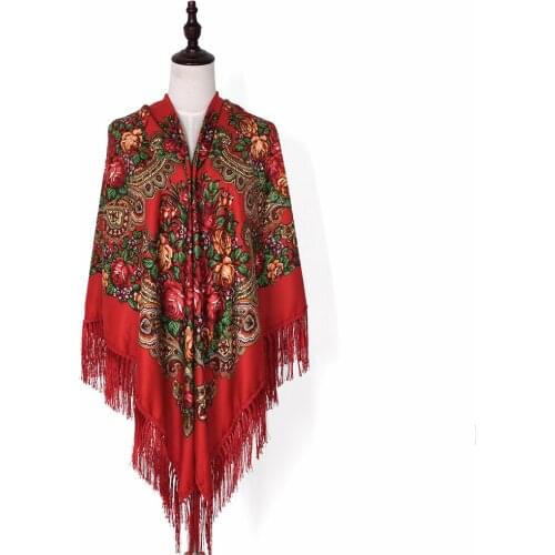 160*160cm Women Russian National Scarf Shawl Lady Tassel Floral Print Cotton Head Scarf Wraps Beach Travel Shade Shawls Bandana