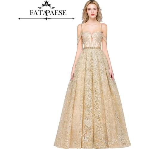 Champagne Luxury Crystal Robe De Soiree Femme Lace A Line Long Evening Dresses 2019 Vestido Longo Festa Noite Robe Longue