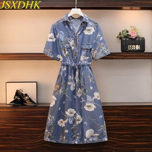 JSXDHK Plus Size Summer Denim Shirt Dress Fashion Women Turn Down Collar Flower Print Zipper Drawstring Waist Soft Jeans Dresses