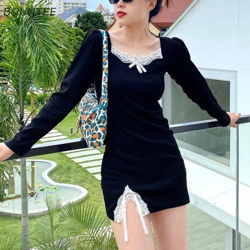 Long Sleeve Dress Women Korean Style Vintage Lace Patchwork Mini Black Elegant Square Collar Retro Spring College Trendy Classy