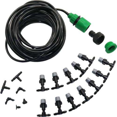 1 Sets Fog Nozzles Micro Automatic Garden irrigation watering Kit 10m hose and Gray spray head with 4/7mm tee and connector