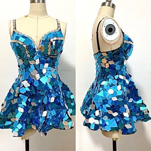 2021 Mirror Costume Women Crystal Suspender Dress Party Nightclub Dj Gogo Dance Outfit Singer Stage Wear Mirror Dress VDB3471