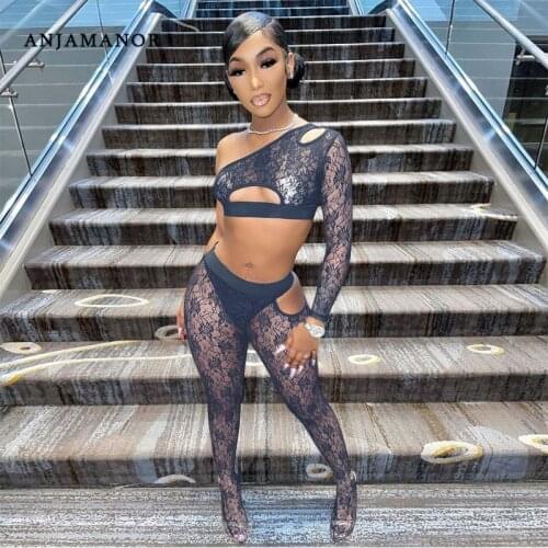 ANJAMANOR Sexy Lace Mesh Sheer Two Piece Set Women Cut Out Crop Top Pants Plus Size Sets Club Outfits Wholesale Items D30-CI22
