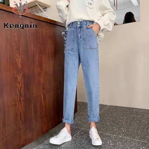New 2021 Spring Autumn High Waist Women Denim Trousers Loose Jeans Ladies Blue Color Harem Pants Thin Oxford Female Capris KN145