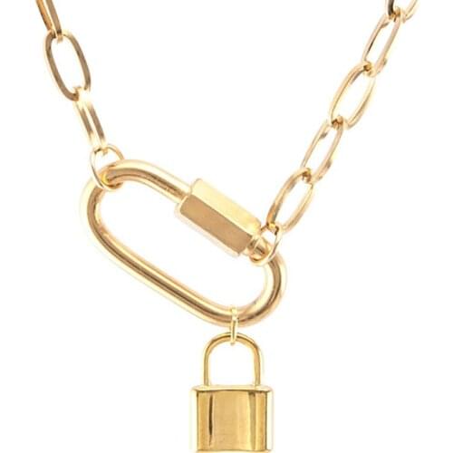 Stainless Steel Padlock Lock Pendant Necklace For Women Men Gold/Silver Color Metal Lock Carabiner Spiral Buckle Choker Collier