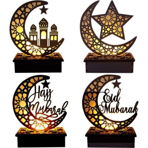 Wooden Crafts Ornaments Creative Gurbang Eid Mubarak Ramadan Moon Hollow Letters With LED Lights Ornaments