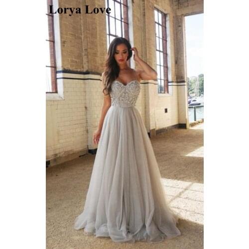 Beading Tulle Maxi Prom Dresses 2020 New Women Formal Party Night Long Vestidos Gala Gray Spaghetti Straps Elegant Evening Robes