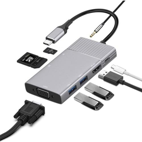 8 in 1 Type-C to HDMI/VGA/PD/USB/Micro-SD/TF Card Reader Docking Station Hub Compact Flash Card Adapter for Laptop