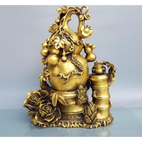 Home Decor 19" Chinese Seikos Bronze Gourd Golden Toad Statue Fulu Gaosheng Gourd Ingots Lucky fortune Get promoted