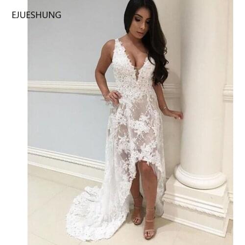 E JUE SHUNG Sexy Sheer Beach Wedding Dresses V Neck Lace Applique Sleeveless High Low Bridal Dresses Backless Wedding Gowns
