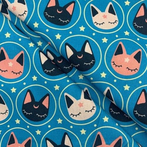 Beautiful 100% Cotton Fabric Blue Bottom Cartoon Cathead Pattern Digital Print Sewing Material DIY Home Patchwork Dress Clothing