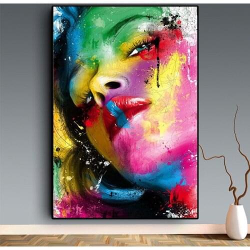 Colorful Abstract Sexy Lips Girl Graffiti Art Face Canvas Painting Poster and Prints Wall Art for Living Room Home Decor Cuadros