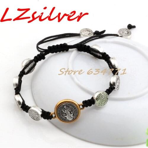 Hot ! 1pcs Zinc Alloy Saint Benedict Medal on Adjustable black Cord Hand-woven Wrist Bracelet B-37