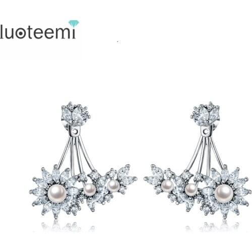 LUOTEEMI Lovely Flower Korea Imitation Pearl Crystal Cubic Zirconia Stud Earrings for Women Girl Vintage Jewelry Accessory