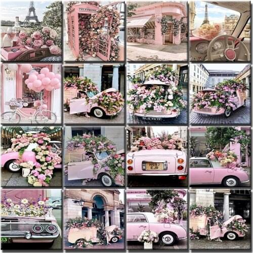 Painting By Numbers Pink Flowers Oil Paint By Number Scenery Car Diy On Canvas HandPainted Canvas Wall Set Home Decoration Gift