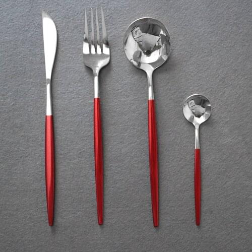 4Pcs Tableware Red Silver Stainless Steel Dinnerware Set Kitchen Fork Spoon Knives Set Flatware Set Stainless Steel Cutlery Set