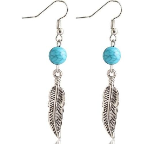 One pair antique silver plated alloy feather charm vintage women round beads earrings xye168