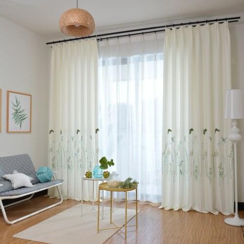 Simple Style Blackout Curtains for Living Room Cotton and Linen Window Curtains Green Plant Butterfly Embroidered Cloth Curtain