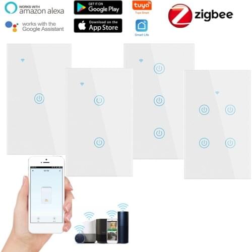 Tuya Zigbee Smart Touch Switch 1/2/3/4 Gang US Timer Wall Button Switches Remote Voice Control Smart Life APP Alexa Google Home