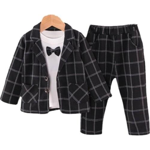 Spring Autumn Fashion Children Clothes Suit New Boys Cotton Plaid Coat T Shirt Pants 3Pcs/set Toddler Cotton Gentleman Clothing