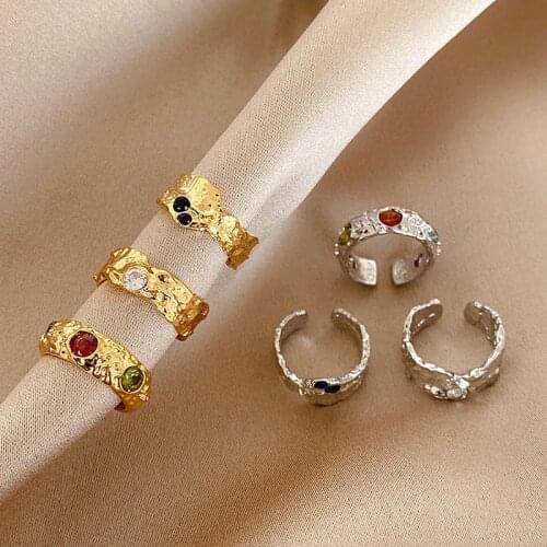 Vintage Colorful Zircon Crystal Golden Rings Luxury Niche Exquisite Gold Color Irregular Metal Open Rings Party Gift