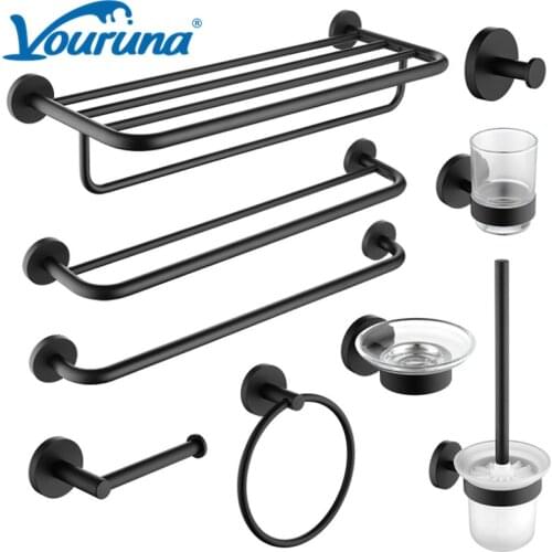 VOURUNA Matte Black Round SUS304 Stainless Steel Bathroom Hardware Sets Towel Rail Rack Bar Shelf Paper Holder