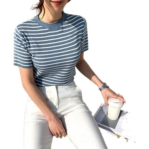 2021 New Fashion Korea Chic Striped Summer Woman Tshirts Short Sleeve O-neck T-shirt for Women Casual Tee Tops Clothes