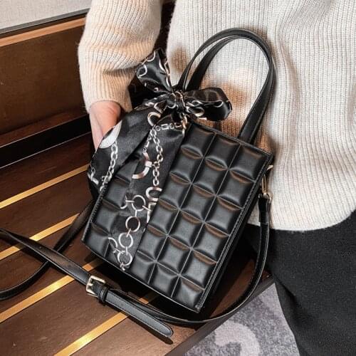 Womens Plaid Handbag Quality Pu Leather Tote Bags Female Black Small Square Shoulder Crossbody Bag with Scarves Bolsa Feminina