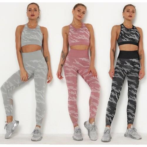 Women Camo Sport Yoga Suit 2pcs Seamless Workout Running Set Sportswear Fitness Clothes High Waist Leggings Gym Crop Top Gymwear