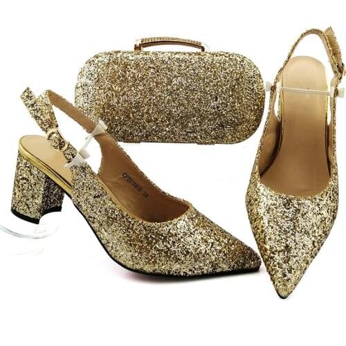 Hot Sale Gold Style Women Shoes Match Purse Set African Pumps And Handbag For Dressing 010819,Heel 7.5CM