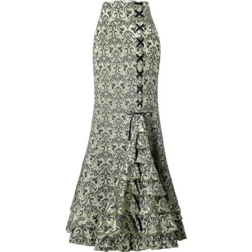 Halloween Skirt Jacquard Fishtail Women Punk Style Vintage Ruffles Lace-up Bodycon Maxi Jacquard Large Hem Female Skirts