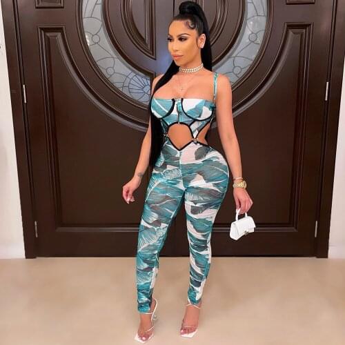 2021 Best Quality Famous Brand Jumpsuits Print Hollow Out Spaghetti Strap Sexy Bodycon Rompers