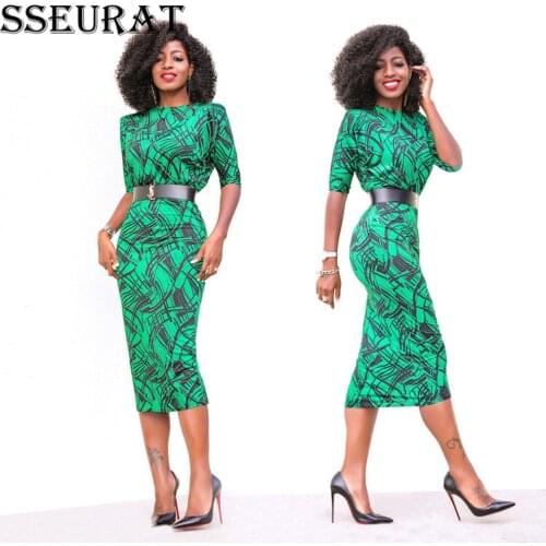 SSEURAT Geometric Print High Waist Office Lady Summer Dress Women Elegant O-Neck Half Sleeves Pencil Dresses