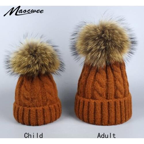 2018 Winter Knitted Beanies Skullies Ski Hats Warm Cap Boys Girls Children Adult Woman Brand Real Raccoon Fur Pom Pom Hat