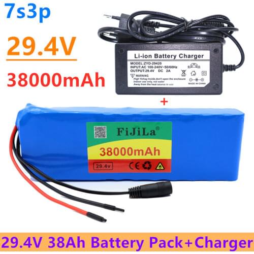 100% New 7S3P 29.4V 38Ah Li-ion Battery Pack with 20A Balanced BMS for Electric Bicycle Scooter Power Wheelchair +2A Charger