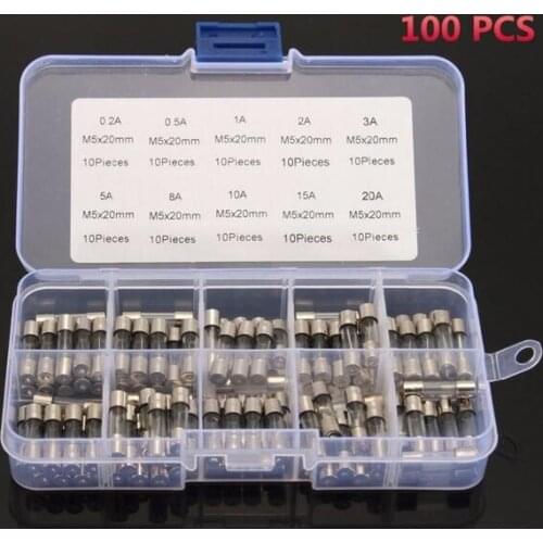 100pcs 5*20mm Electrical Assorted Fuse Amp Fast-blow Glass Fuse Mix Set Assorted With Box 0.2A 0.5A 1A 2A 3A 5A 8A 10A 15A 20A
