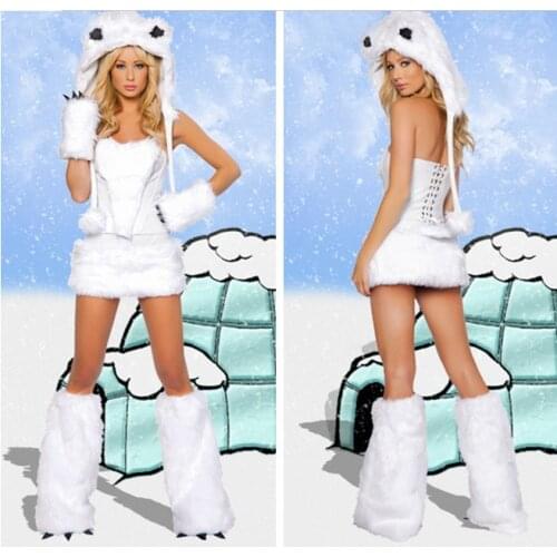 Free shipping New Duluxe White Cat Wolf Polar Bear Frisky Halloween Cosplay Costume Outfit Fancy Dress For Woman 5pc/set