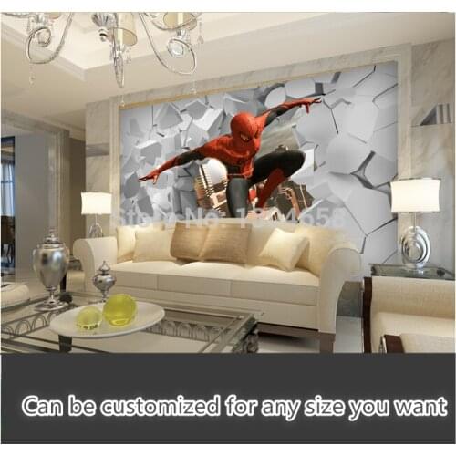 Free shipping custom modern mural 3D spider man out of the hole television sofa setting wall wallpaper, silk fabric