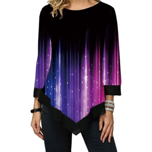 Cosmic Starlight Printing Long Tshirt Women Irregular Hem Shirts O-Neck Womens Chiffon Patchworked Tshirts Femme Casual Tee
