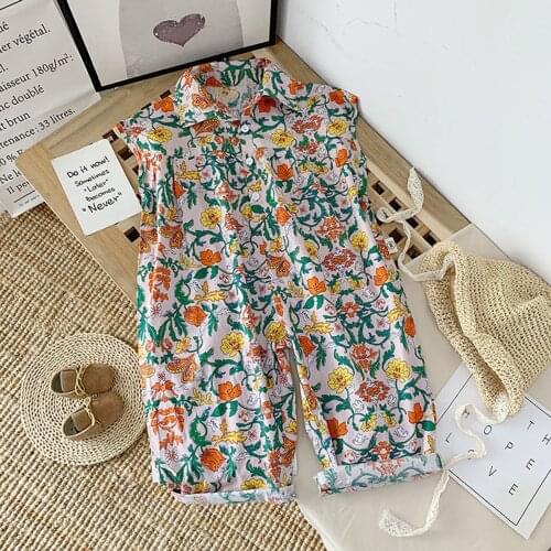 Hollead 2-8 Years Summer Lovely Kids Girls Jumpsuits Buttons Lapel Print Flowers Long Pants Overalls Children Sleeveless Clothes
