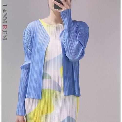 LANMREM 2021 Autumn New Womens Cardigan Versatile Solid Color Long Sleeve Casual Pleated Coat Jacket Fashion 2T1090